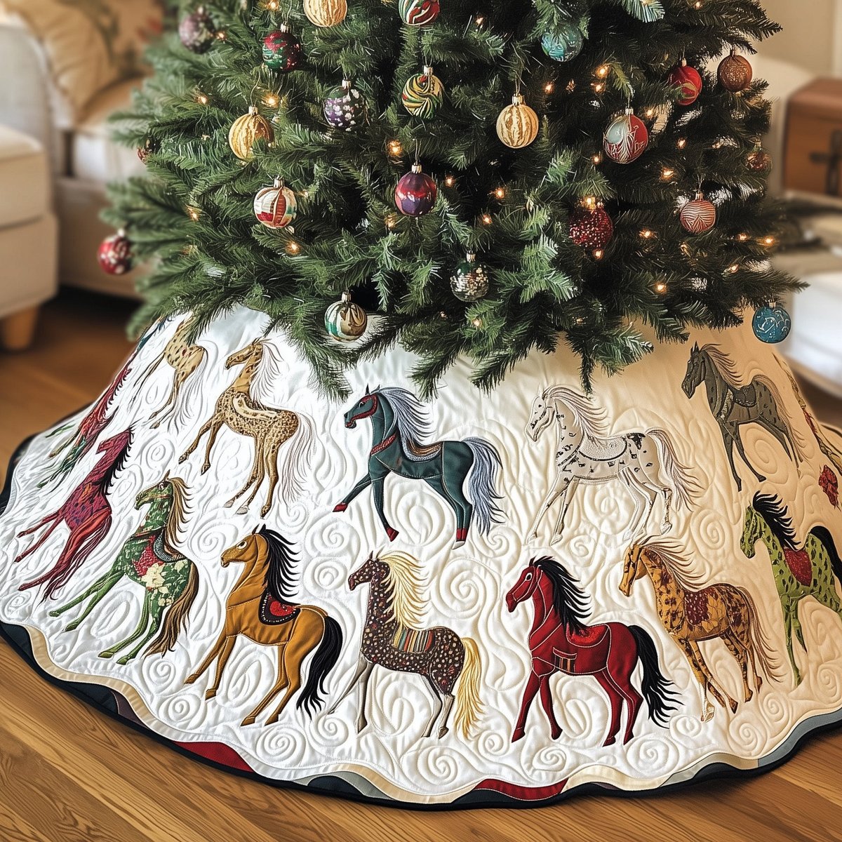 Horses Trotting on White Quilt Christmas Tree Skirt - Made to Order TREEK101