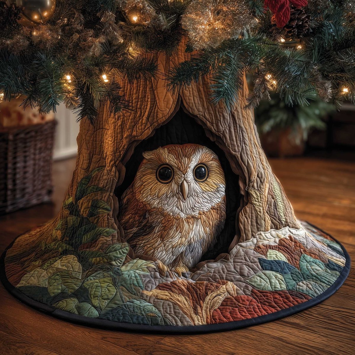 Owl Peeking from the Tree Hollow Christmas Tree Skirt - Made to Order TREEK101
