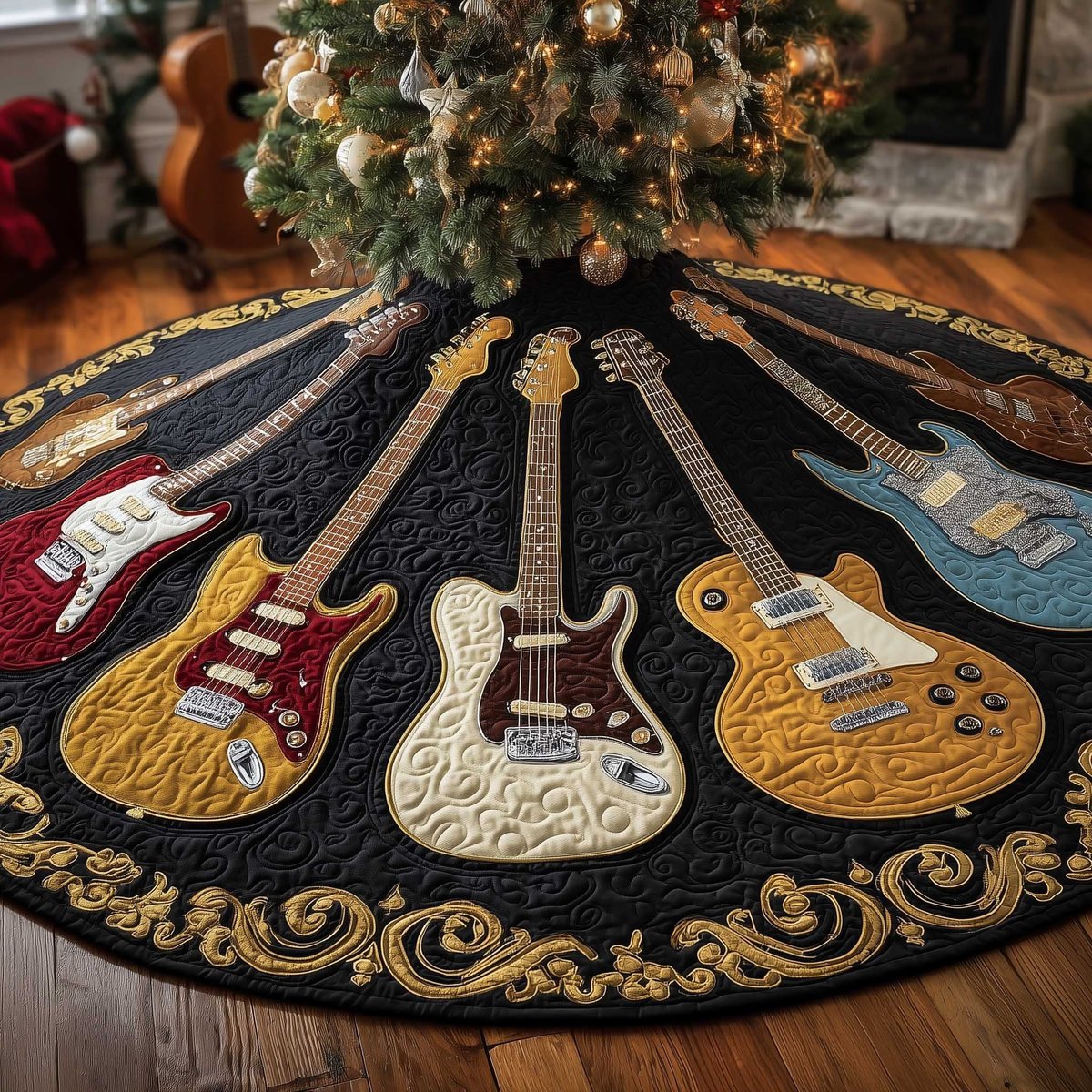 Guitars on Black with Gold Scrolls Christmas Tree Skirt - Made to Order TREEK101