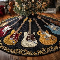 Guitars on Black with Gold Scrolls Christmas Tree Skirt - Made to Order TREEK101