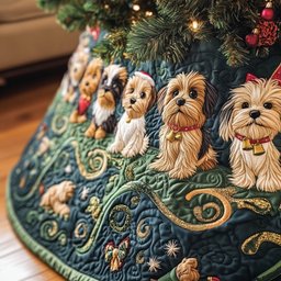 Yorkshire Terriers on Navy Gold Swirls Christmas Tree Skirt - Made to Order TREEK101