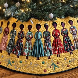 Women in Floral Dresses on Gold Christmas Tree Skirt - Made to Order TREEK101