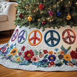 Peace Signs with Floral Border Christmas Tree Skirt - Made to Order TREEK101