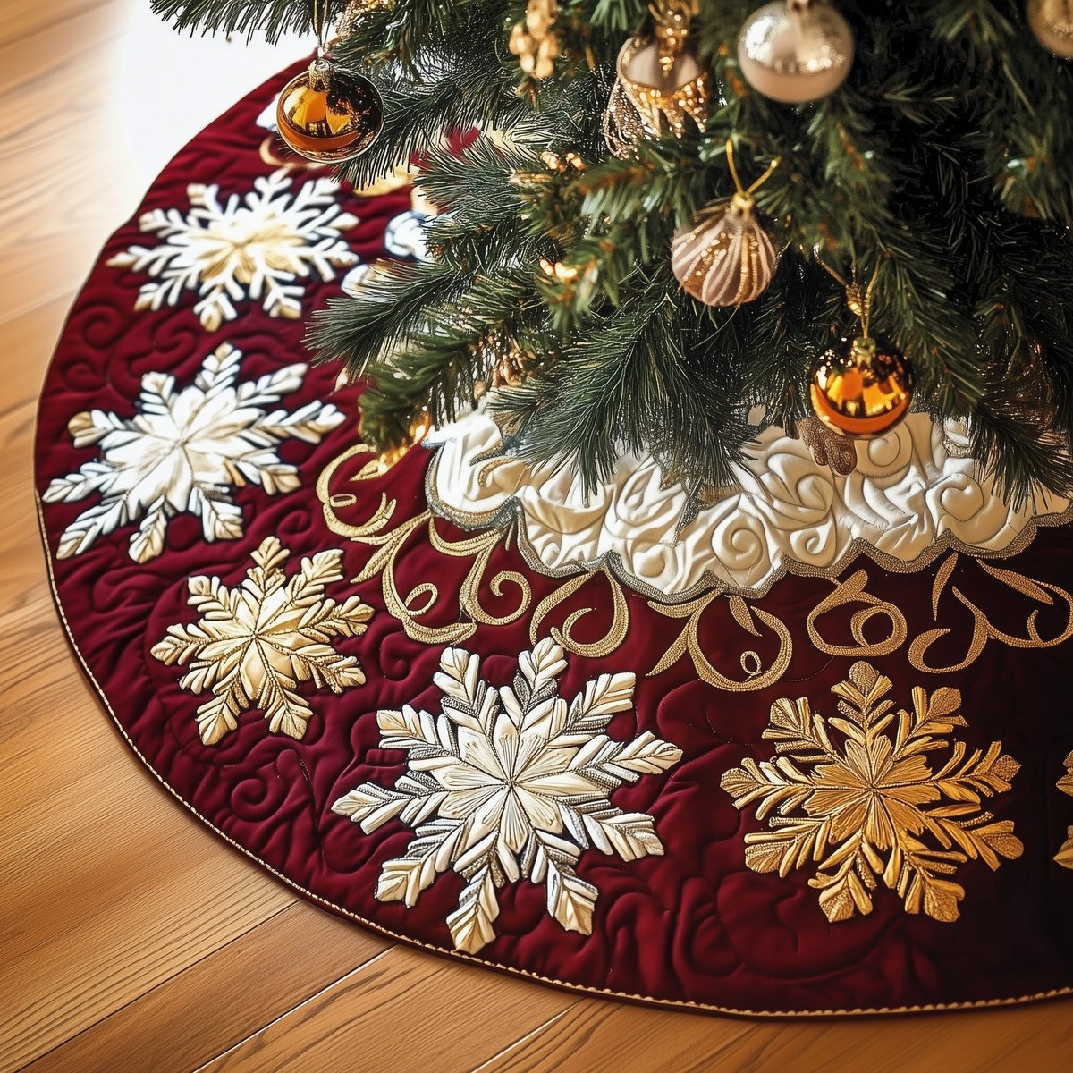 White and Gold Snowflakes on Burgundy Christmas Tree Skirt - Made to Order TREEK101