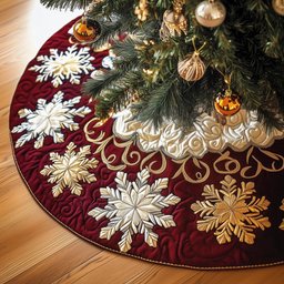 White and Gold Snowflakes on Burgundy Christmas Tree Skirt - Made to Order TREEK101