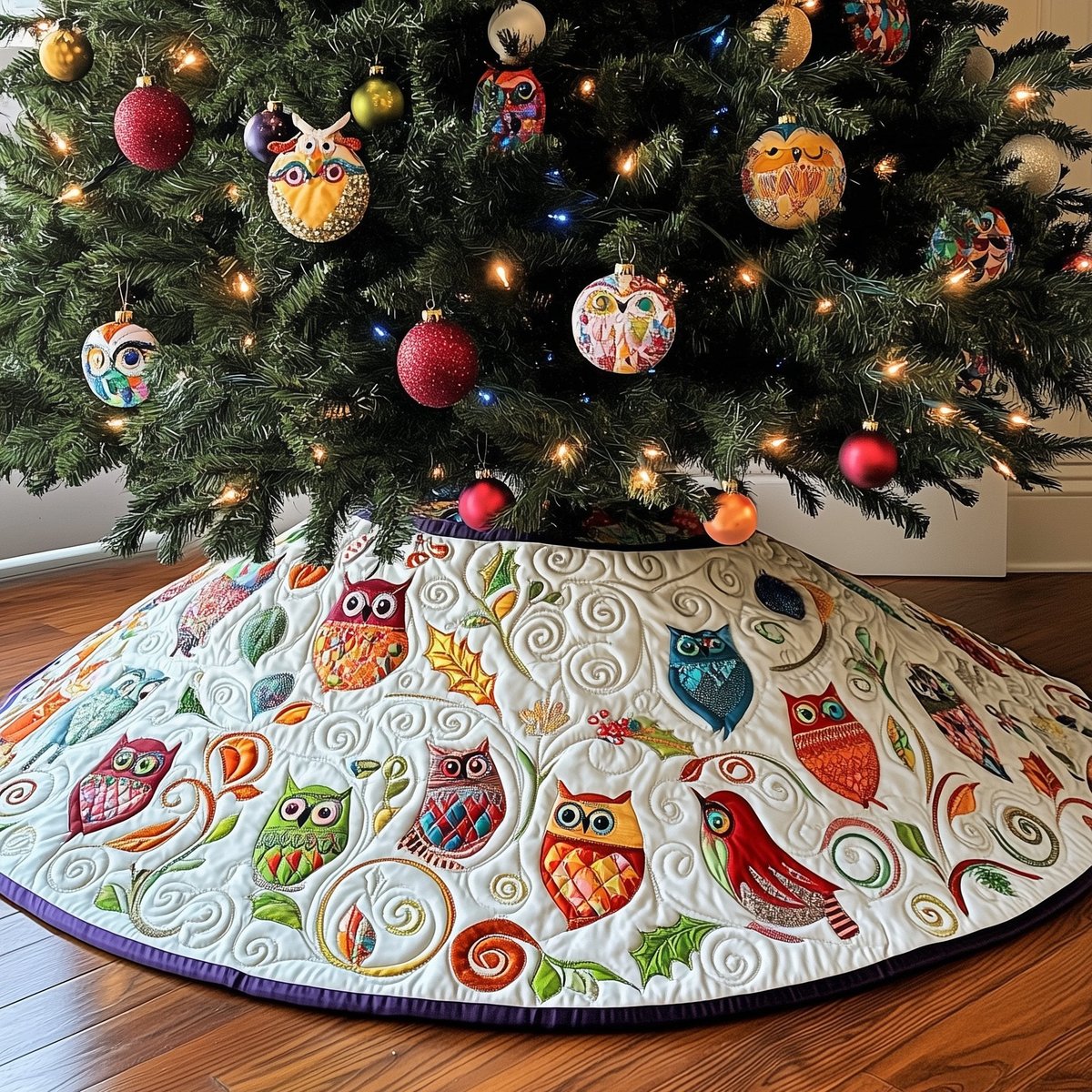Bright Owl Ring on White Christmas Tree Skirt - Made to Order TREEK101