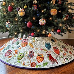 Bright Owl Ring on White Christmas Tree Skirt - Made to Order TREEK101