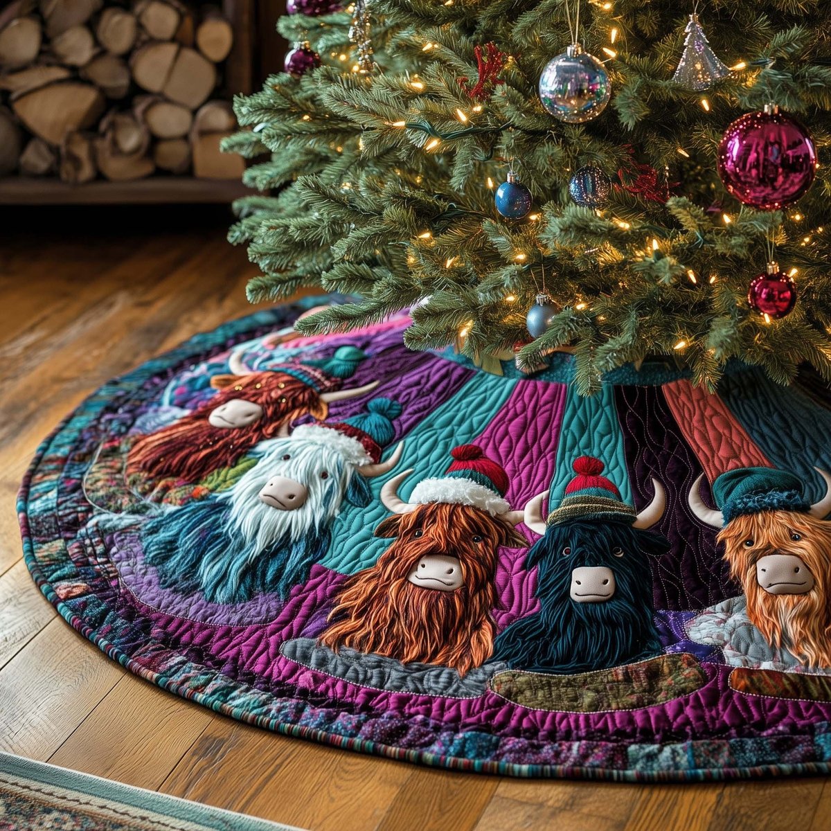 Highland Cows in Bright Scarves Christmas Tree Skirt - Made to Order TREEK101