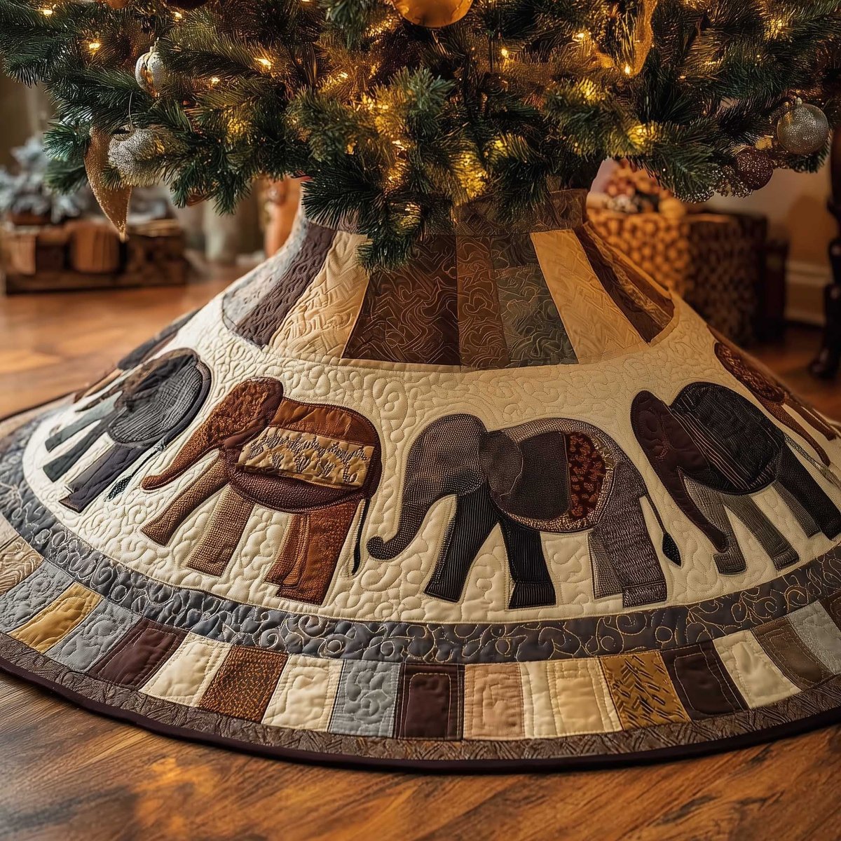 Elephants on Earthy Patchwork Panels Christmas Tree Skirt - Made to Order TREEK101