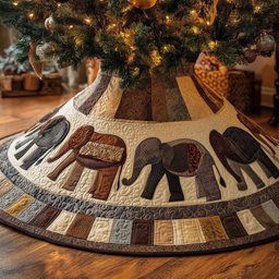 Elephants on Earthy Patchwork Panels Christmas Tree Skirt - Made to Order TREEK101