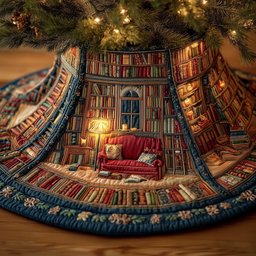 Library Nook with Red Sofa Christmas Tree Skirt - Made to Order TREEK101