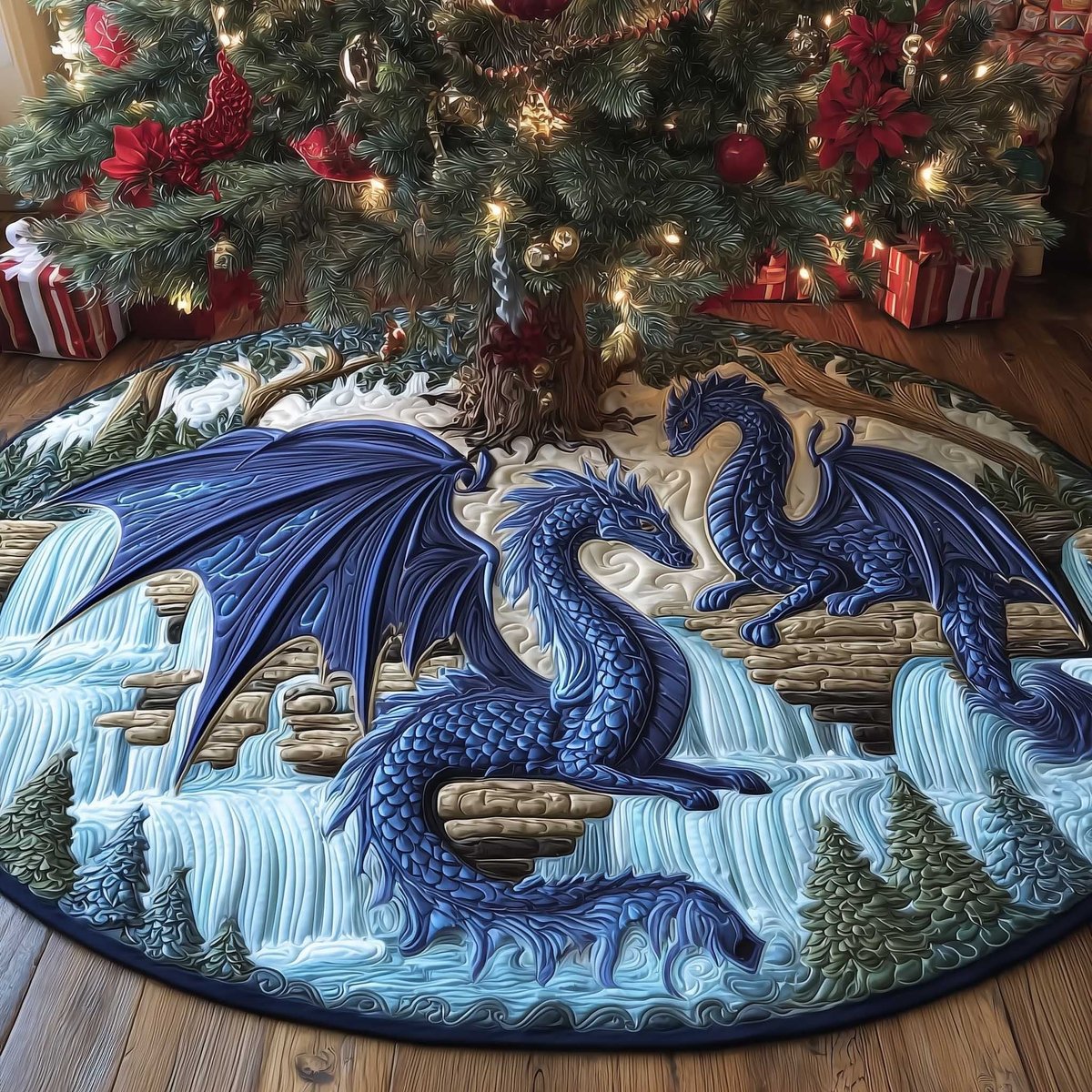 Blue Dragons at the Frozen Waterfall Christmas Tree Skirt - Made to Order TREEK101
