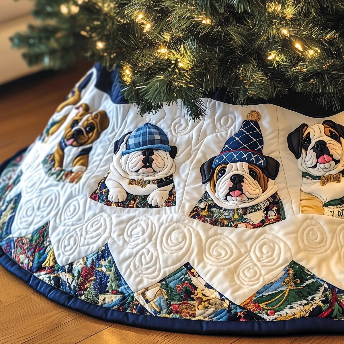 Bulldogs in Plaid Hats on Patchwork Christmas Tree Skirt - Made to Order TREEK101