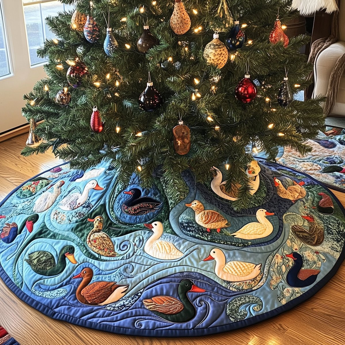 Ducks on a Pale Blue Pond Christmas Tree Skirt - Made to Order TREEK101