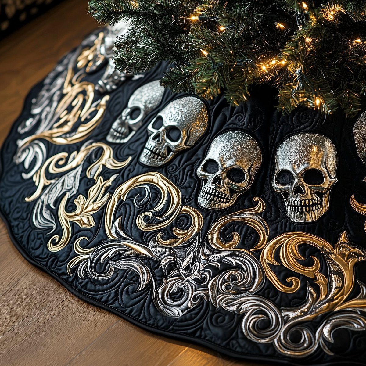 Skulls with Silver Scrollwork Christmas Tree Skirt - Made to Order TREEK101