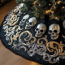 Skulls with Silver Scrollwork Christmas Tree Skirt - Made to Order TREEK101