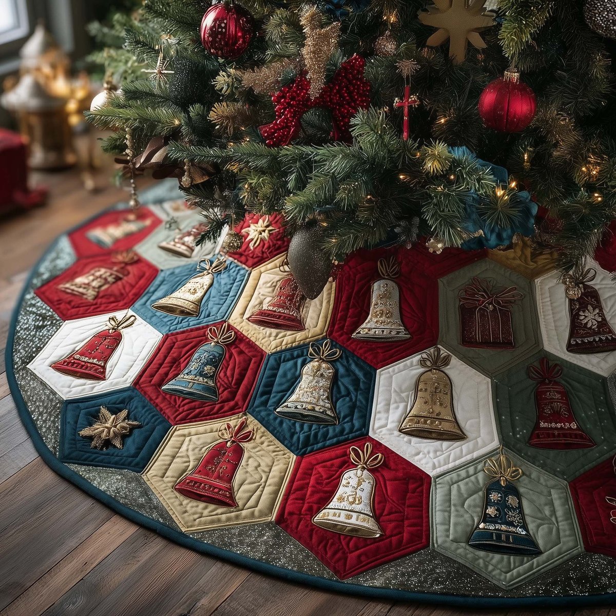 Bells on Blue and Red Hexagons Christmas Tree Skirt - Made to Order TREEK101