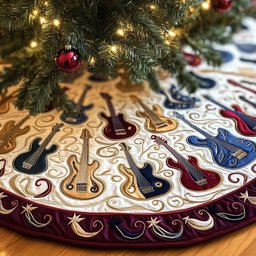 Guitars on Cream Burgundy Border Christmas Tree Skirt - Made to Order TREEK101
