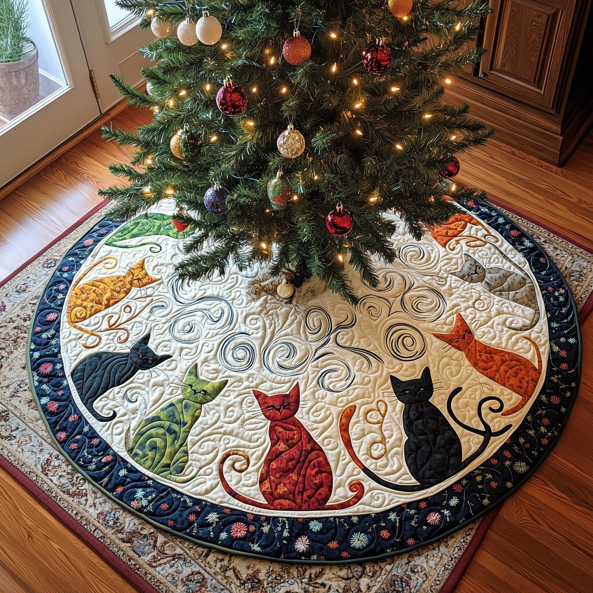 Cats on White with Dotted Border Christmas Tree Skirt - Made to Order TREEK101