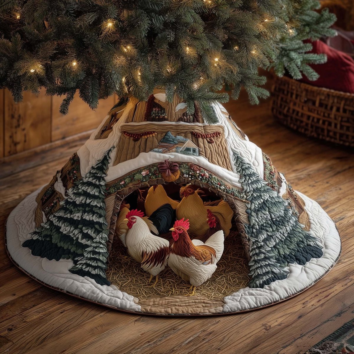 Chickens in the Snowy Cave Christmas Tree Skirt - Made to Order TREEK101