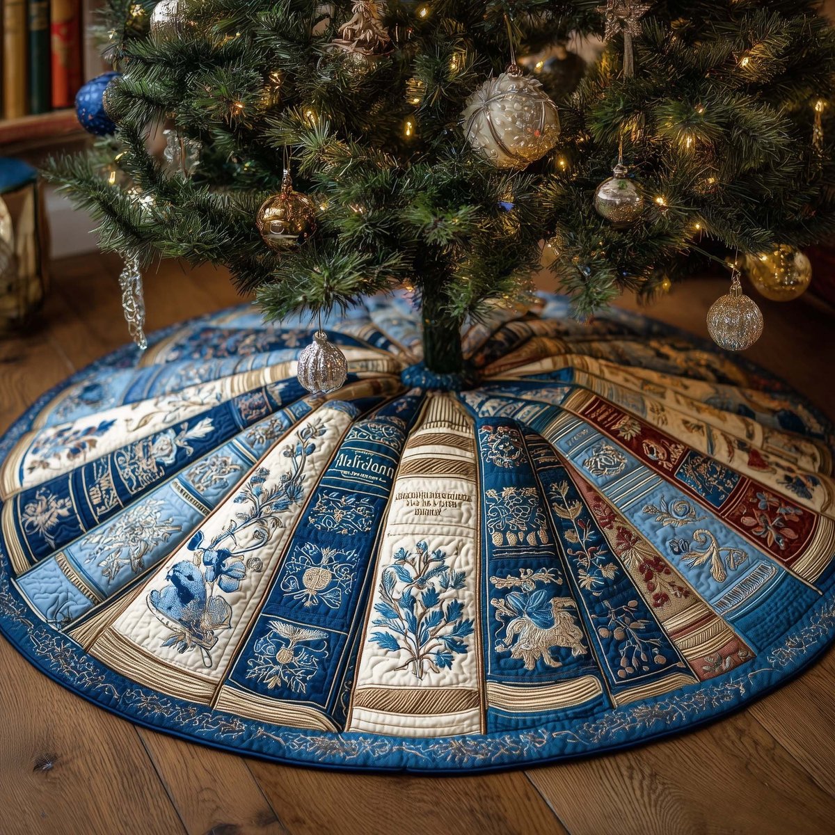 Blue Books with Snowflake Spines Christmas Tree Skirt - Made to Order TREEK101