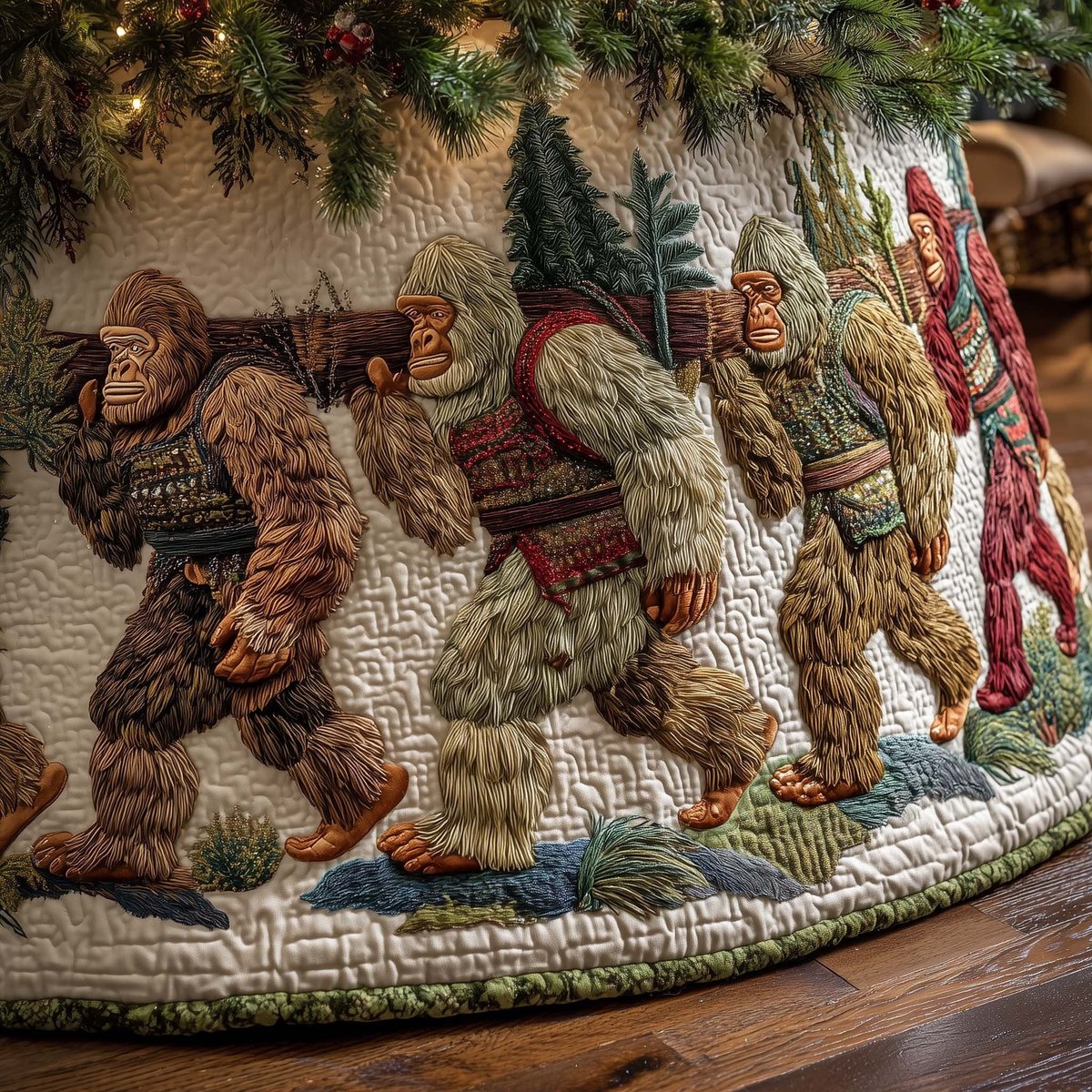 Bigfoot Carrying Logs Christmas Tree Skirt - Made to Order TREEK101
