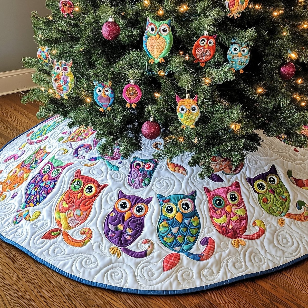 Row of Rainbow Owls on White Christmas Tree Skirt - Made to Order TREEK101