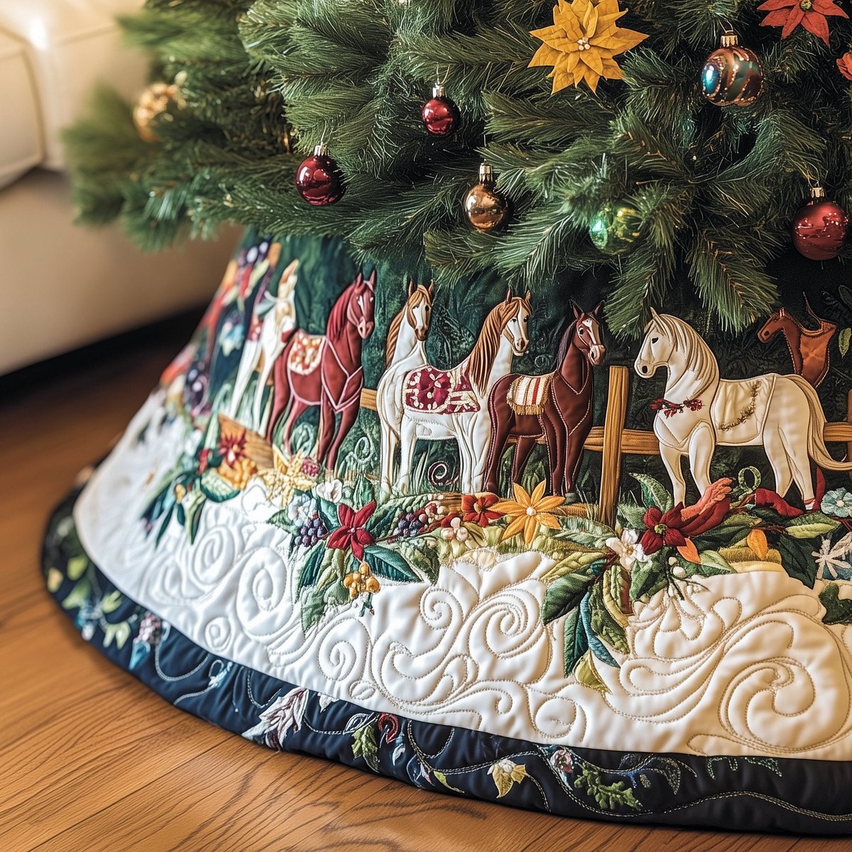 Red and White Horses with Poinsettias Christmas Tree Skirt - Made to Order TREEK101
