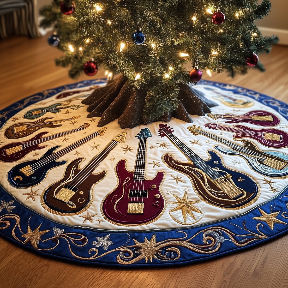Guitars with Blue Swirl Border Christmas Tree Skirt - Made to Order TREEK101