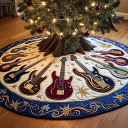 Guitars with Blue Swirl Border Christmas Tree Skirt - Made to Order TREEK101