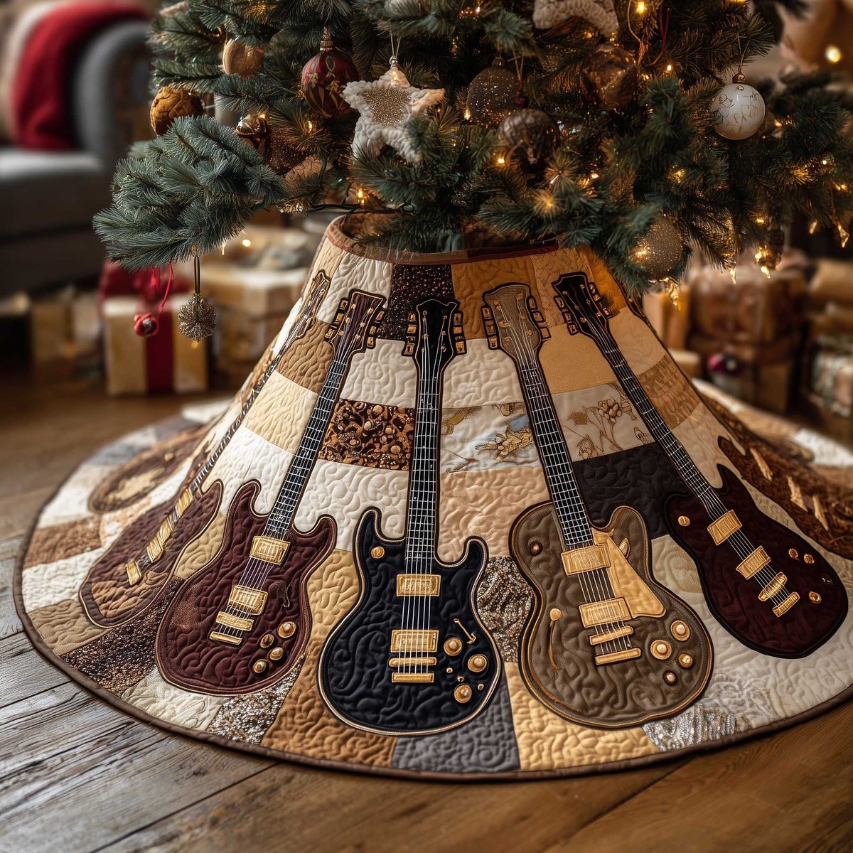 Guitars on Brown Patchwork Christmas Tree Skirt - Made to Order TREEK101