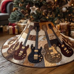 Guitars on Brown Patchwork Christmas Tree Skirt - Made to Order TREEK101