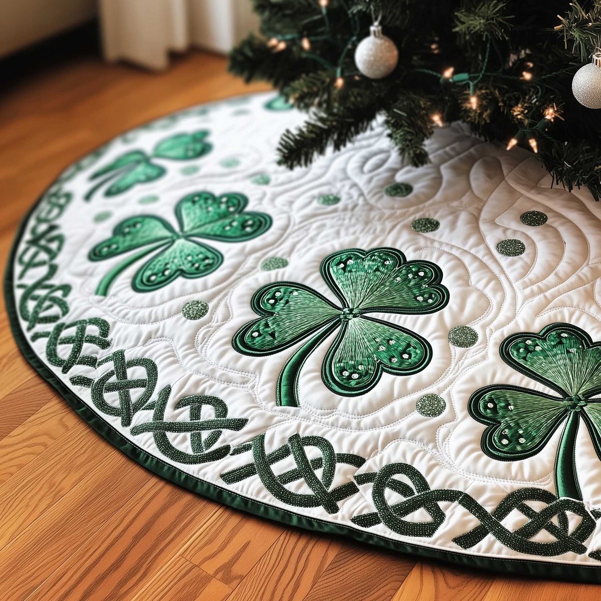 Shamrocks with Green Knotwork Border Christmas Tree Skirt - Made to Order TREEK101