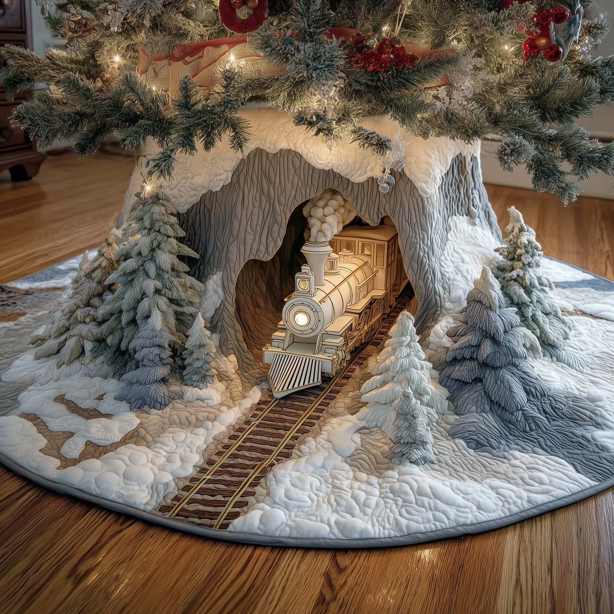 Winter Wonderland Train Through the Snowy Mountain Tunnel Christmas Tree Skirt - Made to Order TREEK101