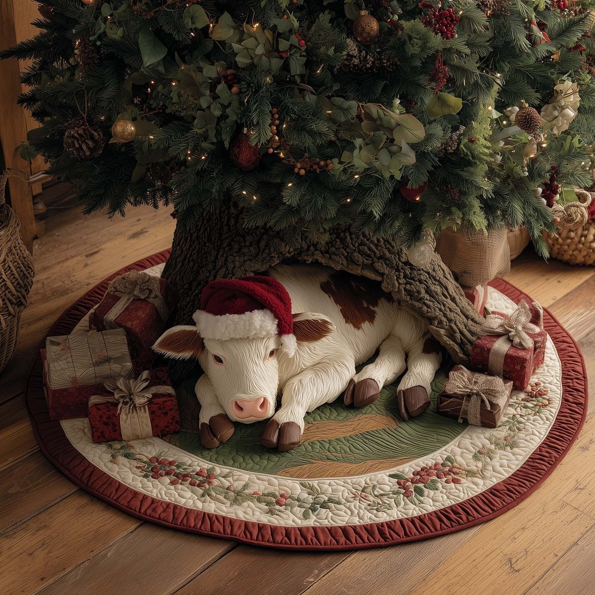 White Cow in a Santa Hat Christmas Tree Skirt - Made to Order TREEK101