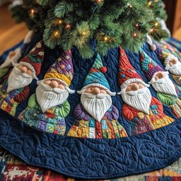 Gnomes in Patchwork Hats on Blue Christmas Tree Skirt - Made to Order TREEK101