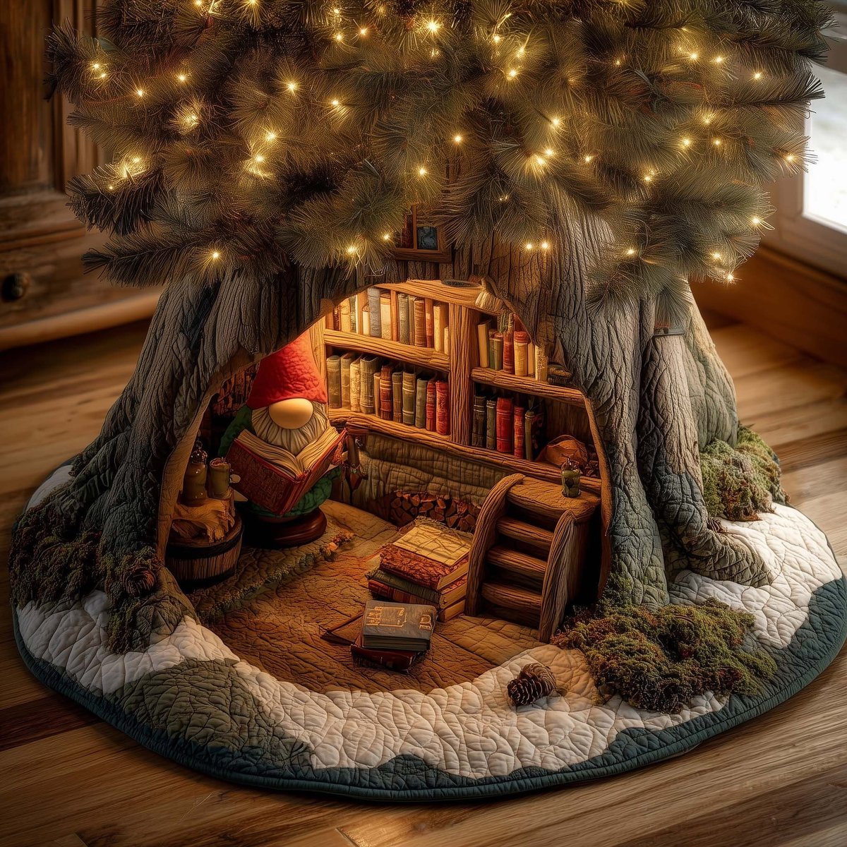 Library Inside the Tree Trunk Christmas Tree Skirt - Made to Order TREEK101