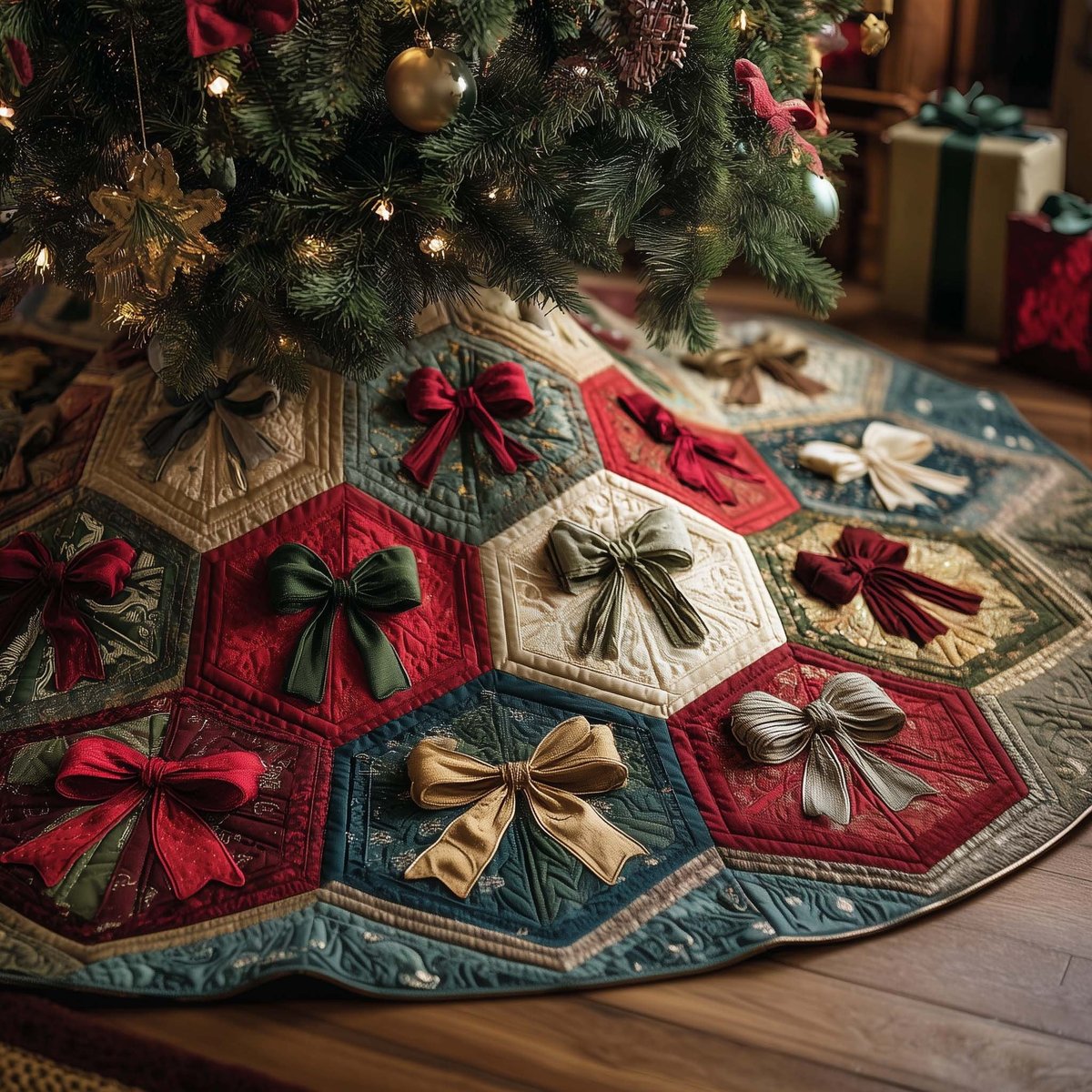 Bows on Green and Red Hexagons Christmas Tree Skirt - Made to Order TREEK101