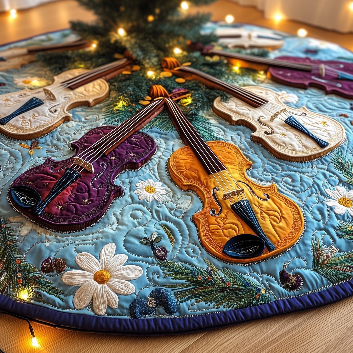 Amber Violins on Sky Blue Daisies Christmas Tree Skirt - Made to Order TREEK101
