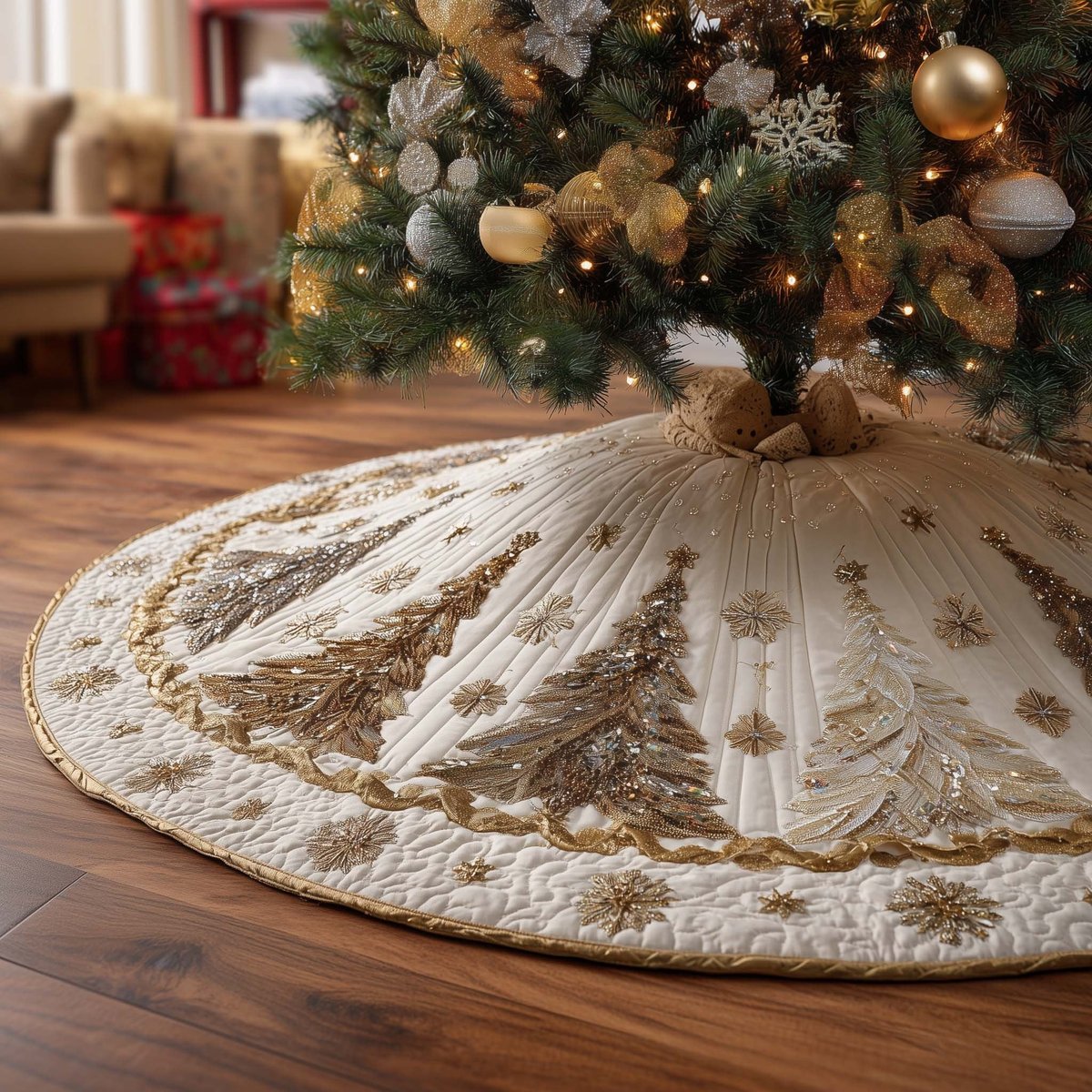 Ivory Quilt with Golden Snowflakes Christmas Tree Skirt - Made to Order TREEK101