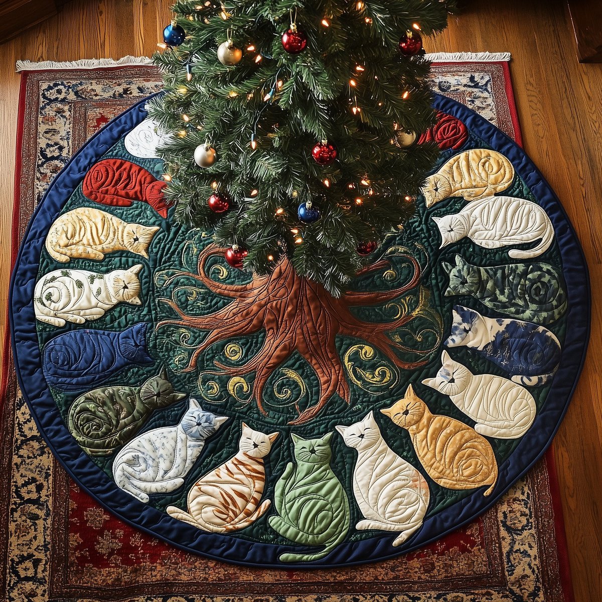 Cats Circling the Green Tree Christmas Tree Skirt - Made to Order TREEK101
