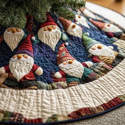 Gnomes on Navy with Cream Border Christmas Tree Skirt - Made to Order TREEK101