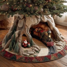 Train and Santa in the Tree Tunnel Christmas Tree Skirt - Made to Order TREEK101
