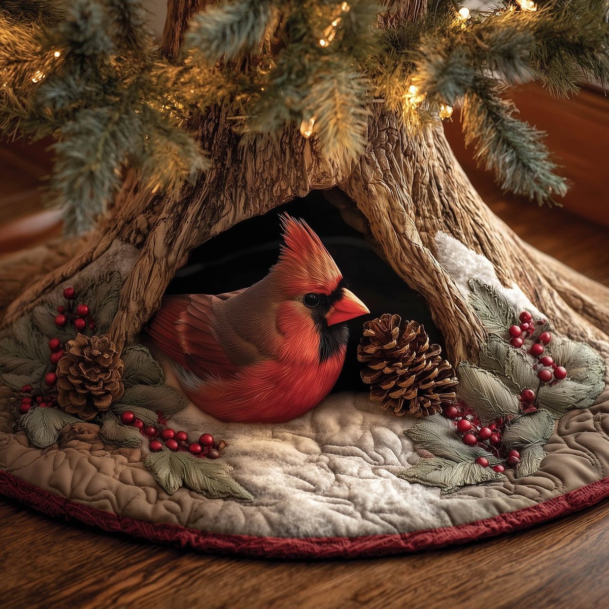 Cardinal with Pinecones in a Log Christmas Tree Skirt - Made to Order TREEK101