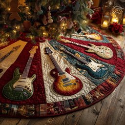 Guitars on Cream and Red Patchwork Christmas Tree Skirt - Made to Order TREEK101