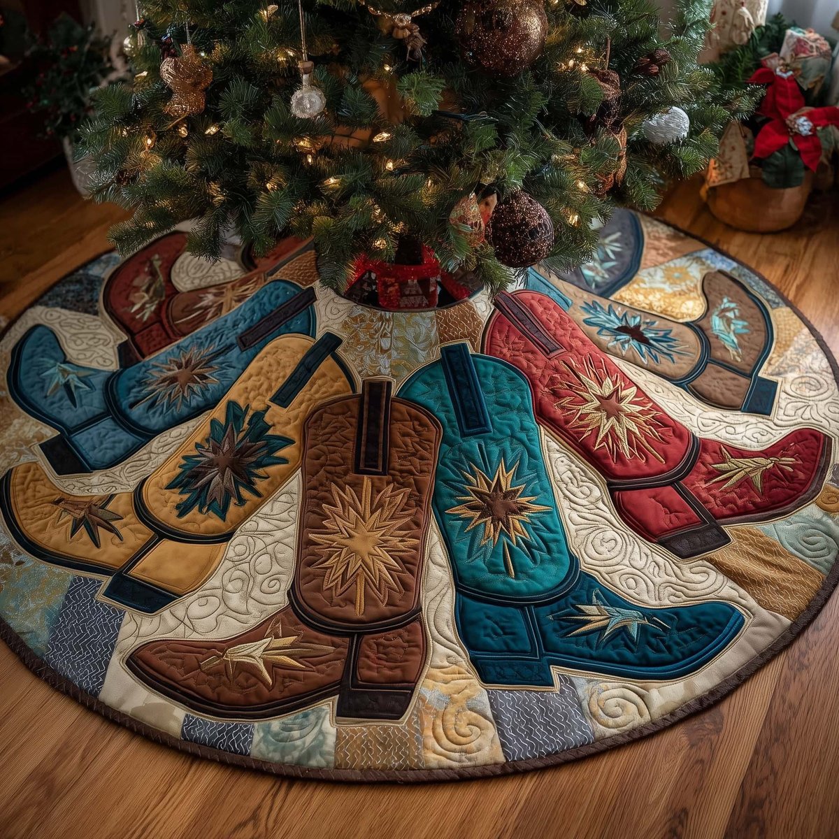 Cowboy Boots in Teal and Rust Christmas Tree Skirt - Made to Order TREEK101