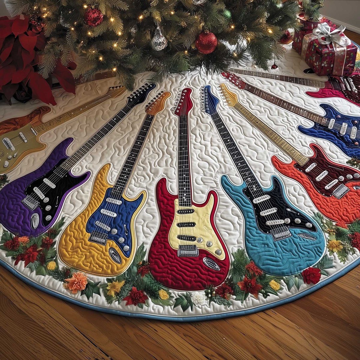 Electric Guitars with Holly on White Christmas Tree Skirt - Made to Order TREEK101