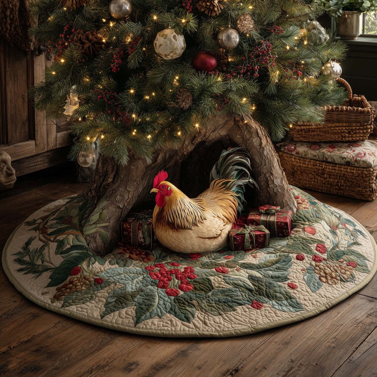 Rooster on the Holly Quilt Christmas Tree Skirt - Made to Order TREEK101
