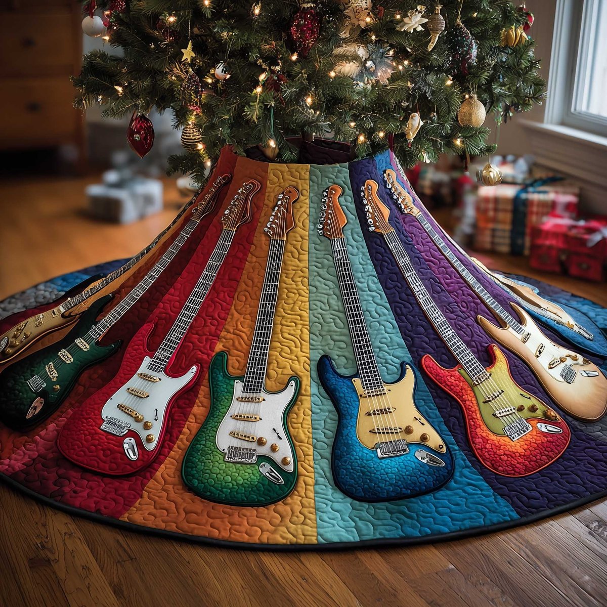 Guitars on Rainbow Stripes Christmas Tree Skirt - Made to Order TREEK101