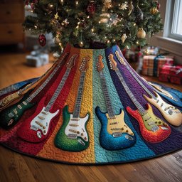 Guitars on Rainbow Stripes Christmas Tree Skirt - Made to Order TREEK101